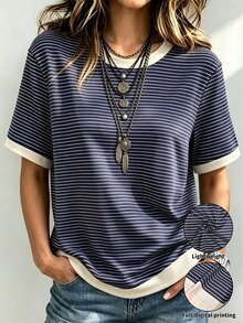 SHEIN Franclia 女士T恤/蓝白条纹撞色T恤/女士休闲宽松圆领上衣/春夏款式 - 藍色 - 查看 2