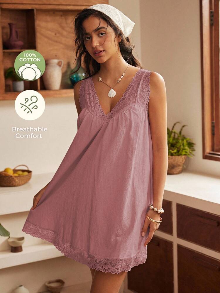Lullawish Gaun Tidur Wanita Katun Murni dengan Tali Bahu Tipis dan Motif Renda Patchwork Bohemian - Coral Pink - View 5