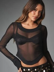 MISSGUIDED Crop top lengan panjang berbahan jala transparan dengan leher bulat dan manset lonceng melebar, sempurna untuk dikenakan saat pesta malam hari atau sebagai lapisan tambahan. - Hitam - View 5