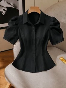 GlowEve CURVE Plus Size Women's Summer Fashion Elegant Commuter Short Sleeve Blouse - Black - View 5
