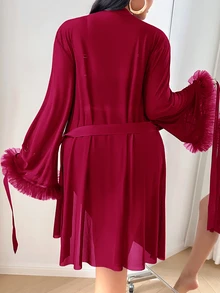 DUSKBASE 3pcs Set: Lace Trim Camisole Shorts + 3D Floral Chiffon Kimono Robe, Plus Size - Burgundy - View 2