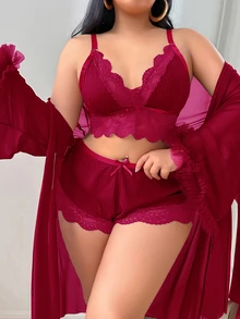 DUSKBASE 3pcs Set: Lace Trim Camisole Shorts + 3D Floral Chiffon Kimono Robe, Plus Size - Burgundy - View 4