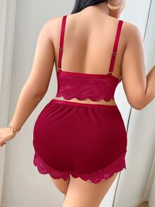DUSKBASE 3pcs Set: Lace Trim Camisole Shorts + 3D Floral Chiffon Kimono Robe, Plus Size - Burgundy - View 3