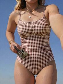 SHEIN Swim 女款簡約花卉印花雙肩帶大尺碼連身泳衣，適合夏季海灘 - 彩色 - 查看 3