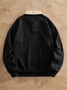 Manfinity RebelGame Men's Pullover, Polo Collar Sweatshirt, Corduroy Collar, Vintage Pullover, Autumn Winter Top, Casual Long Sleeve, Embroidered Chest, Baggy, Drawstring, Graphic, Holiday, Streetwear, Y2K - Black - View 2
