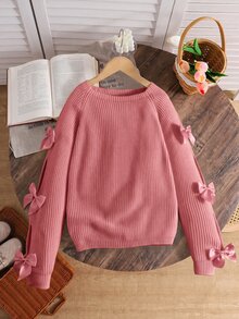 SHEIN Tween Girl Autumn/Winter Casual Crew Neck Long Sleeve Hollow Bow Sweater - Pink - View 5