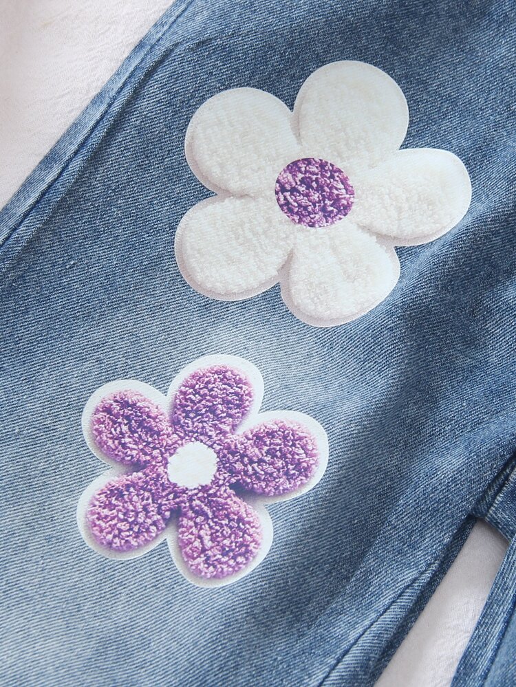 Genkimix Kids Young Girls Cute 3D Flower Applique Cable Knit Cardigan Jacket & Floral Denim Flare Jeans 2 Pieces Casual Autumn Outfit Set - Purple - View 6