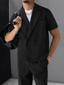 SLATEMANN Men's Striped Short Sleeve Shirt And Long Pants Set - Black - View 5