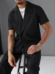 SLATEMANN Men's Striped Short Sleeve Shirt And Long Pants Set - Black - View 8