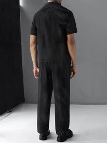 SLATEMANN Men's Striped Short Sleeve Shirt And Long Pants Set - Black - View 2