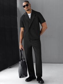 SLATEMANN Men's Striped Short Sleeve Shirt And Long Pants Set - Black - View 3