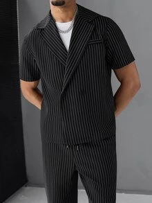 SLATEMANN Men's Striped Short Sleeve Shirt And Long Pants Set - Black - View 6
