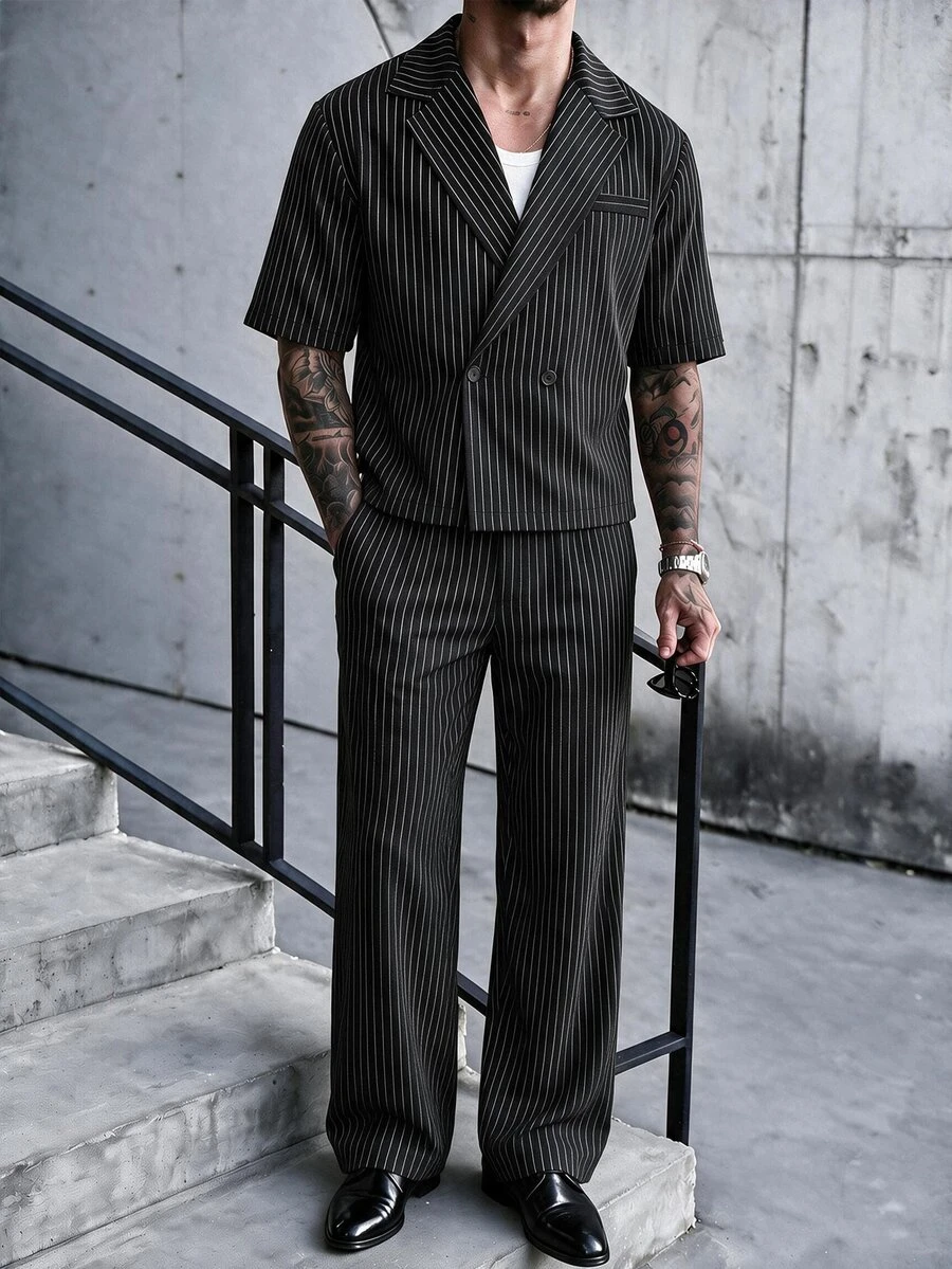 SLATEMANN Men's Striped Short Sleeve Shirt And Long Pants Set - Black - View 1