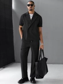 SLATEMANN Men's Striped Short Sleeve Shirt And Long Pants Set - Black - View 4