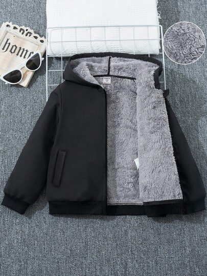 SHEIN Kids Tween Boy Casual Thermal Lined Thick Oversized Hooded Jacket, Winter Coats, Boys Clothes, Basic Top, Suitable For Autumn/Winter, School