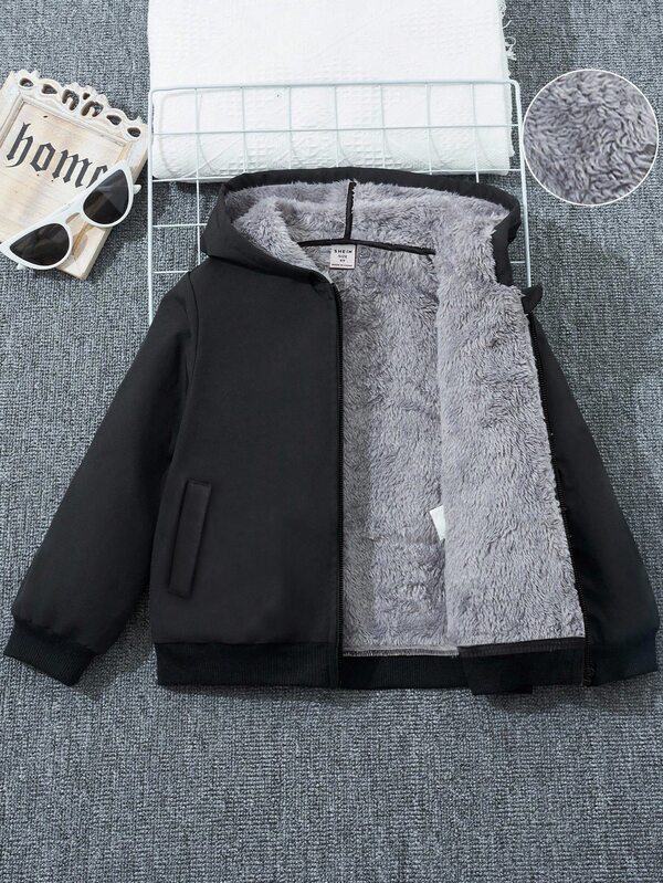 SHEIN Kids Tween Boy Casual Thermal Lined Thick Oversized Hooded Jacket, Winter Coats, Boys Clothes, Basic Top, Suitable For Autumn/Winter, School