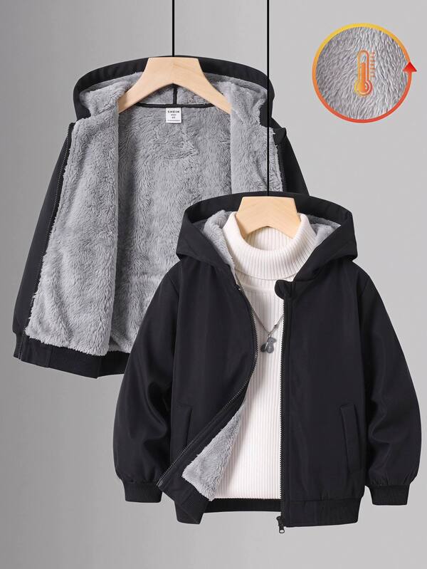 SHEIN Kids Tween Boy Casual Thermal Lined Thick Oversized Hooded Jacket, Winter Coats, Boys Clothes, Basic Top, Suitable For Autumn/Winter, School