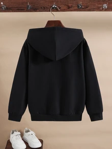 SHEIN 兒童青少年男孩休閒保暖內裡加厚寬鬆連帽外套，冬季外套，男孩服飾，基礎上衣，適合秋冬/冬季，校園穿著 - 黑色 - 查看 4