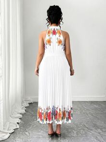 EMERY ROSE Plus Size Elegant Floral Print Halter Neck Pleated Dress, Summer - White - View 2