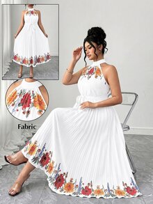 EMERY ROSE Plus Size Elegant Floral Print Halter Neck Pleated Dress, Summer - White - View 6