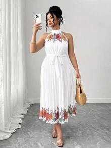 EMERY ROSE Plus Size Elegant Floral Print Halter Neck Pleated Dress, Summer - White - View 4
