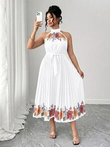 EMERY ROSE Plus Size Elegant Floral Print Halter Neck Pleated Dress, Summer - White - View 5