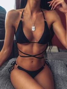 Swim SXY Summer Beach Lace Up Tie Side Halter Bikini Set - Black - View 6