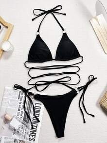 Swim SXY Summer Beach Lace Up Tie Side Halter Bikini Set - Black - View 5