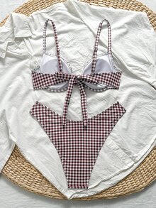Swim Mod 女款新款 2 件套幾何印花細肩帶上衣與高衩比基尼泳褲性感泳裝 - 彩色 - 查看 3