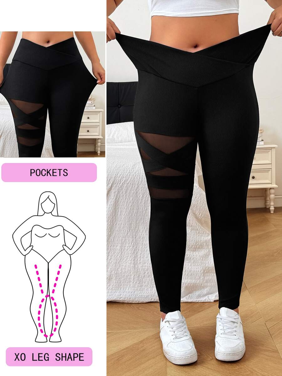 SHEIN EZwear Plus Size Casual Versatile Mesh Patchwork Leggings