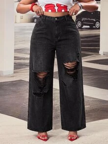 SHEIN ICON 大尺碼女款蜘蛛網圖案寬腿寬鬆休閒牛仔褲 - 黑色 - 查看 4