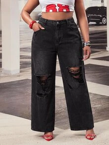 SHEIN ICON 大尺碼女款蜘蛛網圖案寬腿寬鬆休閒牛仔褲 - 黑色 - 查看 3