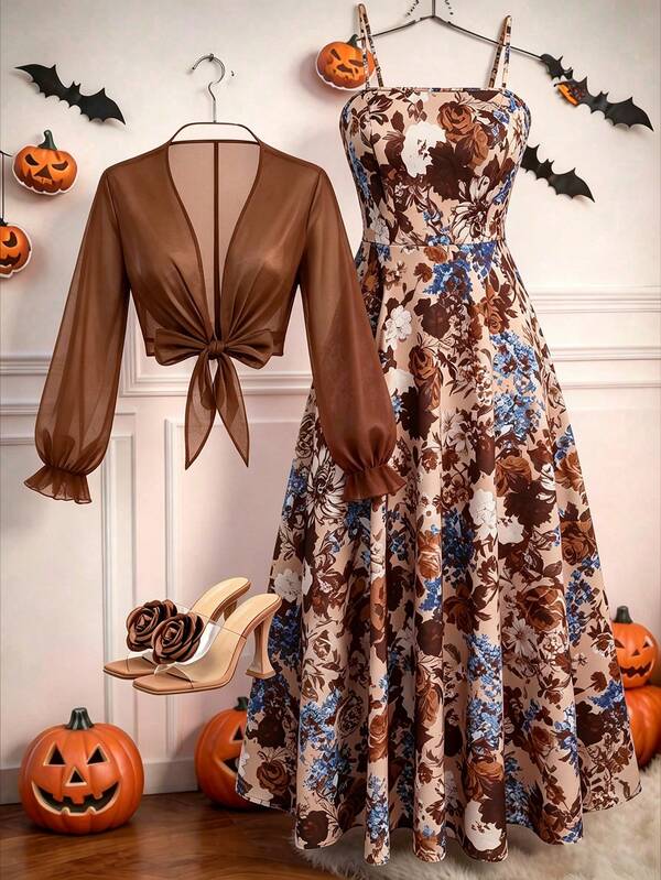 Franclia Women's Plus Size Cardigan Floral Print Dress Set 2-Piece Outfit Chiffon Jacket Long Sleeve Blouse Bowknot Front Top Full Skirt Elegant Brown Beige
