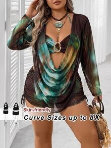 SHEIN CURVE+ Plus Size Y2K Sexy Vintage Vacation Set, Retro Leopard Print Floral Mesh Print Set, Tube Top, Drawstring Skirt, Cover-Up 3-Piece Set, Summer Brown - Multicolor - View 2