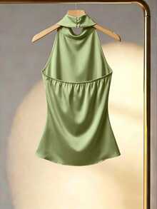 Franclia Women's Solid Color Halter Neck Draped Elegant Slim Fit Blouse, Summer Style - Green - View 2