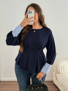 Comfylo Plus Size Women's Patchwork Striped Cuff Pleated Hem Blouse - Navy Blue - View 4