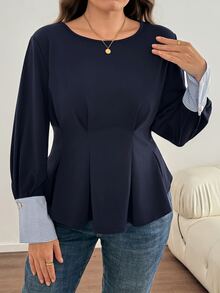 Comfylo Plus Size Women's Patchwork Striped Cuff Pleated Hem Blouse - Navy Blue - View 1