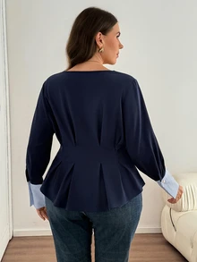 Comfylo Plus Size Women's Patchwork Striped Cuff Pleated Hem Blouse - Navy Blue - View 2