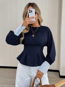 Comfylo Plus Size Women's Patchwork Striped Cuff Pleated Hem Blouse - Navy Blue - View 6