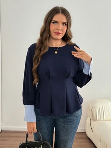Comfylo Plus Size Women's Patchwork Striped Cuff Pleated Hem Blouse - Navy Blue - View 3