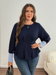 Comfylo Plus Size Women's Patchwork Striped Cuff Pleated Hem Blouse - Navy Blue - View 5