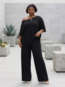 CurvyTilda Women's Plus Size Summer Fall Casual Streetwear Basic Daily Wear Formal Going Out Vacation Comfortable Off Shoulder T-Shirt And Wide Leg Black - Black - View 1