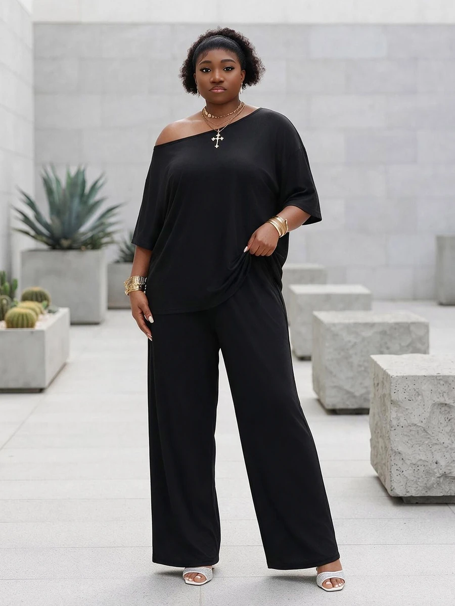 CurvyTilda Women's Plus Size Summer Fall Casual Streetwear Basic Daily Wear Formal Going Out Vacation Comfortable Off Shoulder T-Shirt And Wide Leg Black - Black - View 1