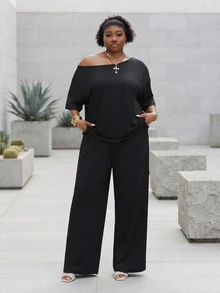 CurvyTilda Women's Plus Size Summer Fall Casual Streetwear Basic Daily Wear Formal Going Out Vacation Comfortable Off Shoulder T-Shirt And Wide Leg Black - Black - View 4