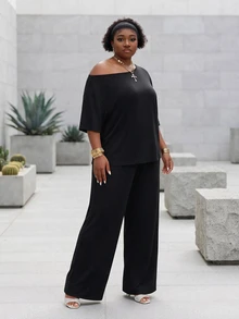 CurvyTilda Women's Plus Size Summer Fall Casual Streetwear Basic Daily Wear Formal Going Out Vacation Comfortable Off Shoulder T-Shirt And Wide Leg Black - Black - View 3