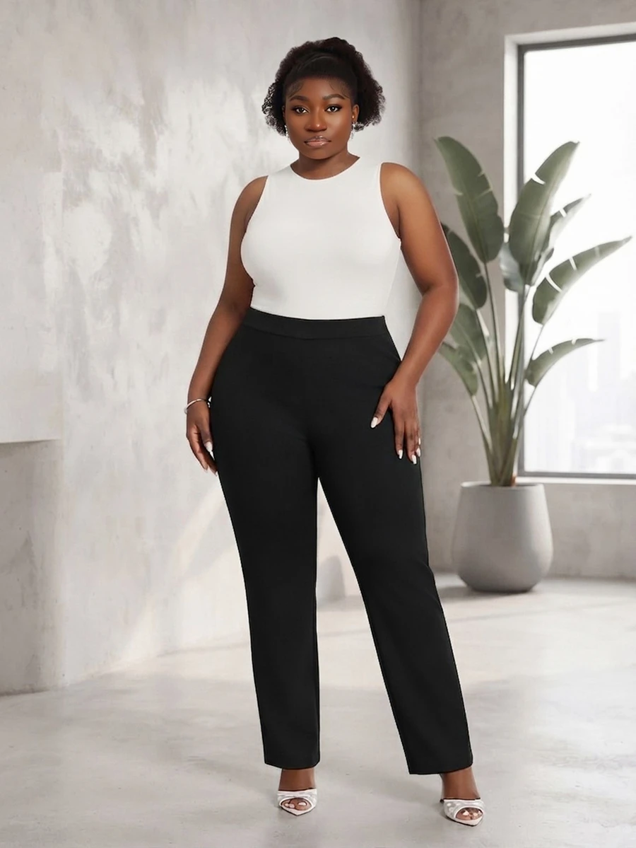 CurvyTilda Plus Solid Flare Leg Pants Fall Cloth For Women - Black - View 1