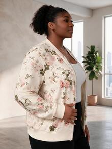 CurvyTilda Plus Size Women's Fashion Zipper Front Floral Print Elegant Baseball Jacket Fall - Apricot - View 3