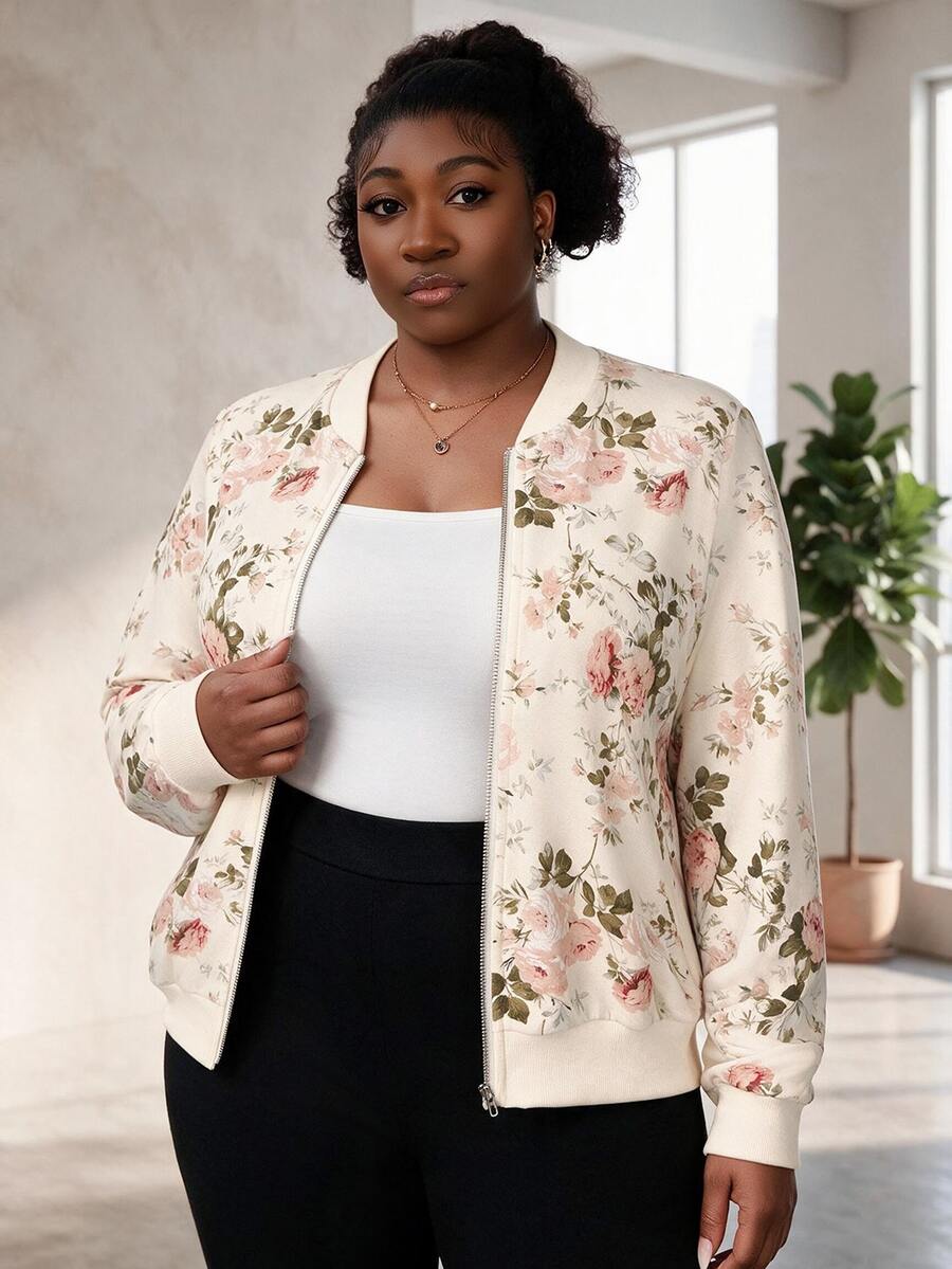 CurvyTilda Plus Size Women's Fashion Zipper Front Floral Print Elegant Baseball Jacket Fall - Apricot - View 1