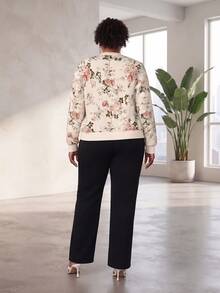 CurvyTilda Plus Size Women's Fashion Zipper Front Floral Print Elegant Baseball Jacket Fall - Apricot - View 2