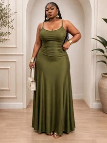 CurvyTilda 大码女式纯色褶皱腰喇叭下摆细肩带连衣裙、半正式连衣裙、优雅茶会连衣裙、飘逸巡航女装 - 軍綠色 - 查看 5